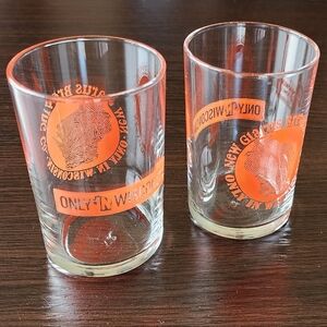 New Glarus Brewing Company Logo 2 beer chaser glasses "Only in Wisconsin" orange